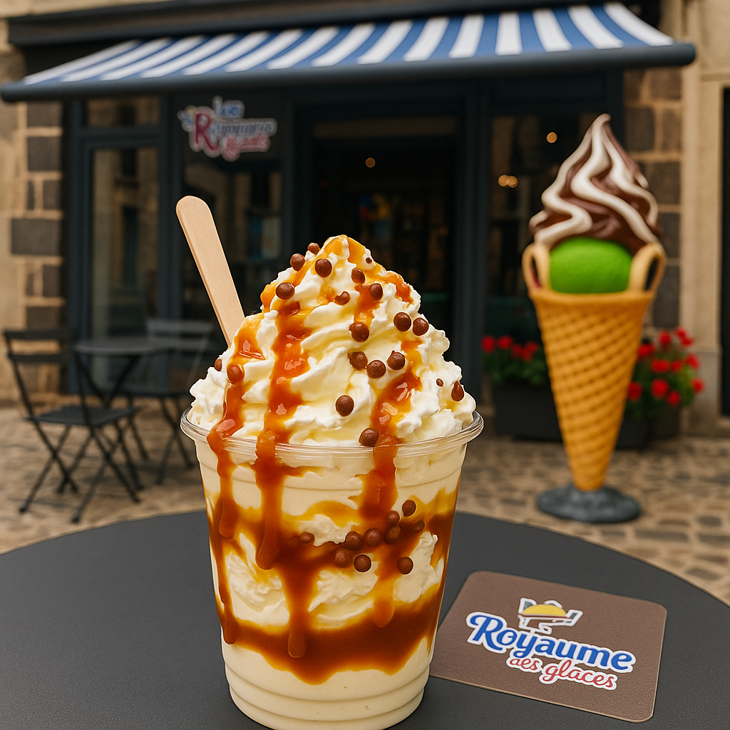 Sundae caramel chantilly devant Le Royaume des Glaces